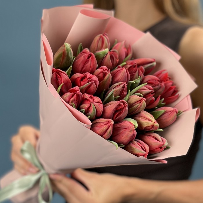 25 красных пионовидных тюльпанов Ред Принц